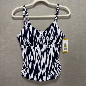 ANNE COLE Womens Tankini Swim Top Navy White Ikat Print M Limited Edition NWT